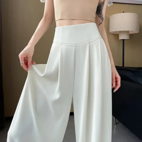 Pantalones de traje gris de alta calidad para mujeres de verano delgados pantalones de piernas anchas abdominales de cintura alta colgante sensación suelta de toallas casuales