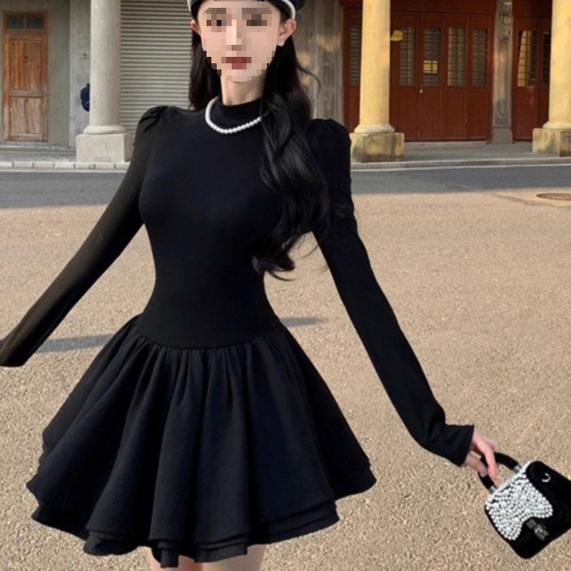 Spring and Autumn Black Crinkled Half-High Collar Dress for Women, French Style Elegant Princess Dress, Short Style Spring and Autumn Black Crinkled Half-High Collar Dress for Women, French Style Elegant Princess Dress, Short Style