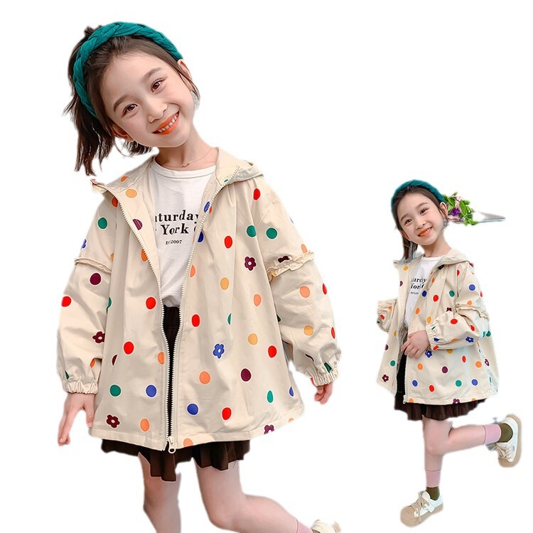 소녀 웨이브 닷 후드 재킷 2025 봄 새로운 재킷 한국 유행 유행 유행 유행 윈드 브레이커 사이버 기념 어린이 코트 트렌디