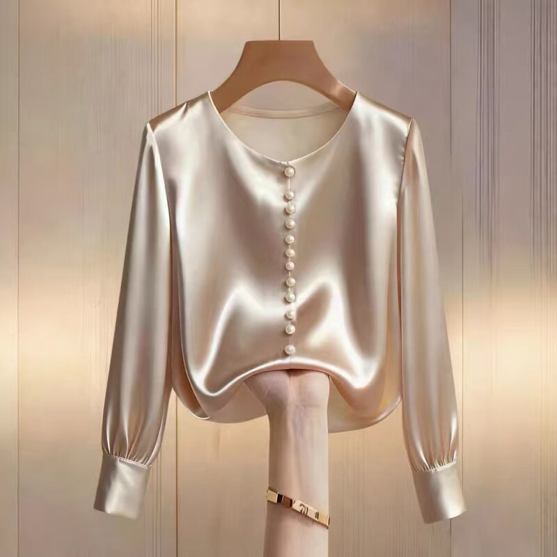 2026 Independent Website Wish Spring/Summer French-Style High-End Pearl Round-Neck Satin Shirt Top for Women