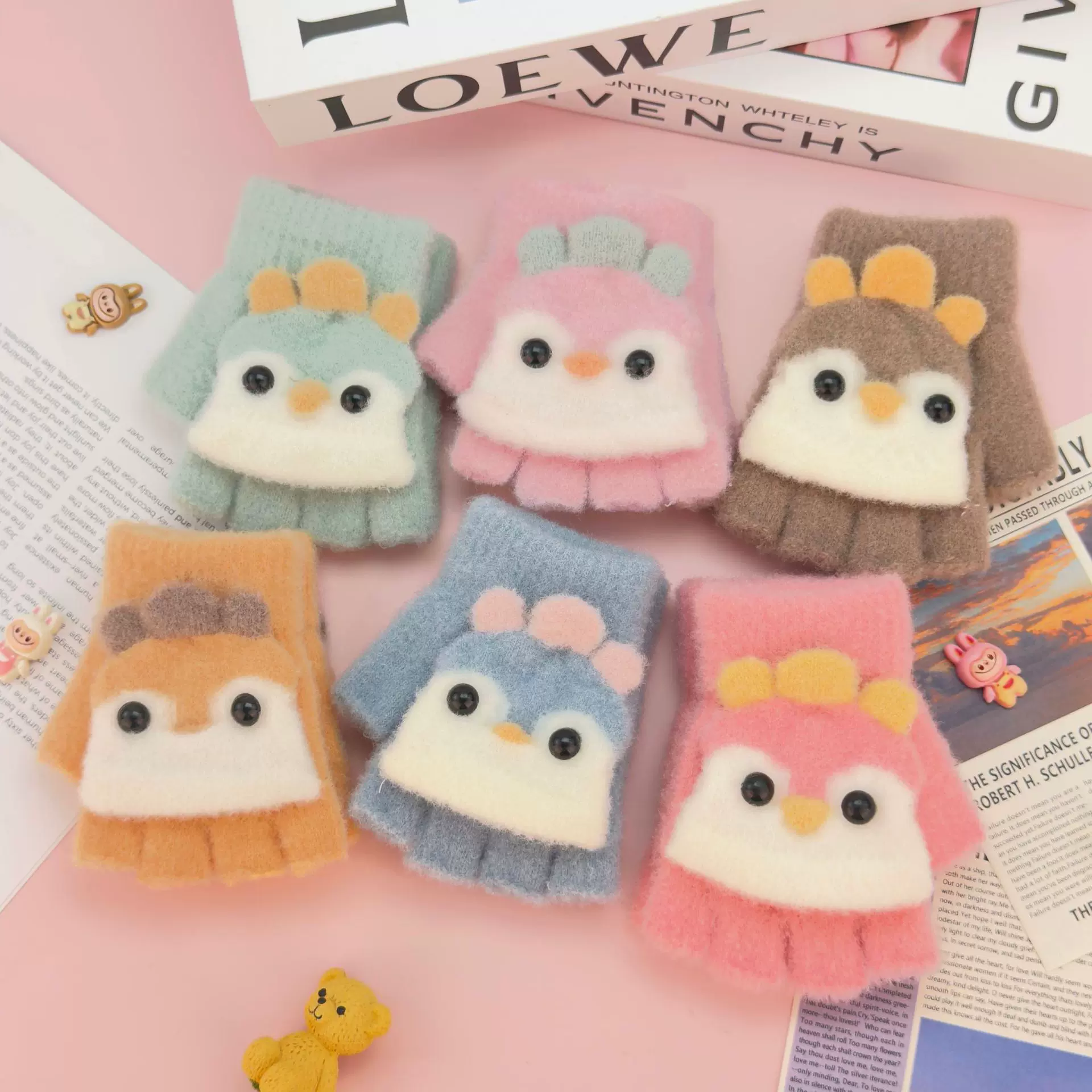 冬季儿童半指翻盖手套女可爱保暖手套男加绒卡通宝宝毛线针织手套