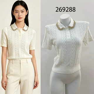 Sd家269288秋季新款法式复古翻领仿珠饰边镂空短袖针织衫上衣女装