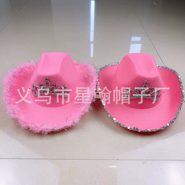 American-Style Western Cowboy Hat with Large Brim, Pink Feather Crown Decoration, Led Light, Halloween Party Hat, Foreign Trade Wholesale