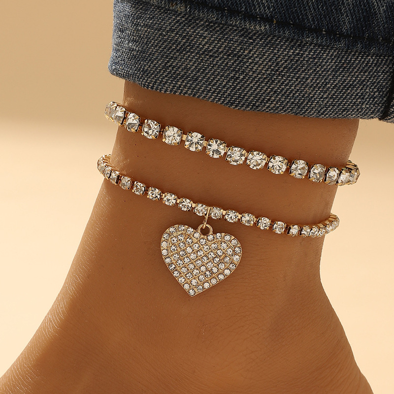 Cross-border personality love rhinestone anklet Europe and the United States sexy diamond all-match shiny beach foot ornaments two-piece set