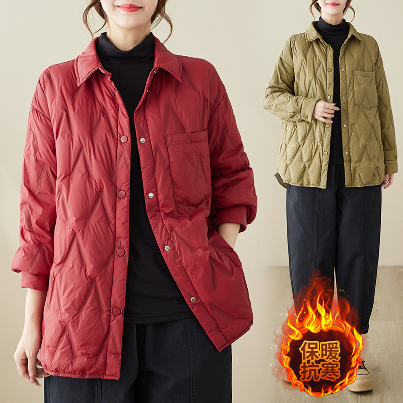 2025 Spring and Autumn Women's Shirt Collar down Jacket Loose Slimming Thin Coat Street Style Trendy Three-Dimensional Tailoring