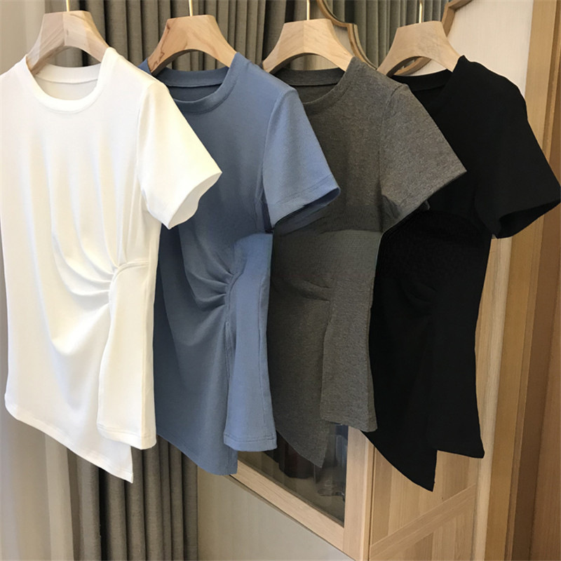 Short-Sleeved T-Shirt for Women 2026 Summer New Style Elastic Side Waist Sun-Pleated Design with Slit, Slim Fit, Trendy Top