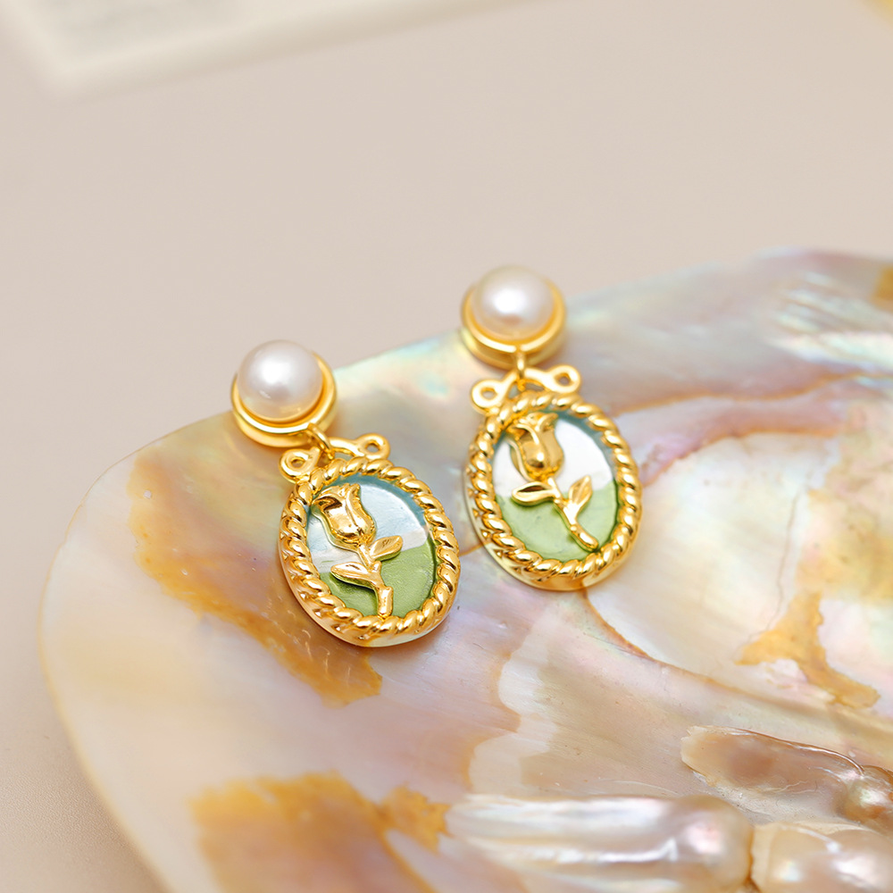 Vintage Style French Style Flower Copper Enamel Plating Freshwater Pearl Drop Earrings 1 Pair display picture 3