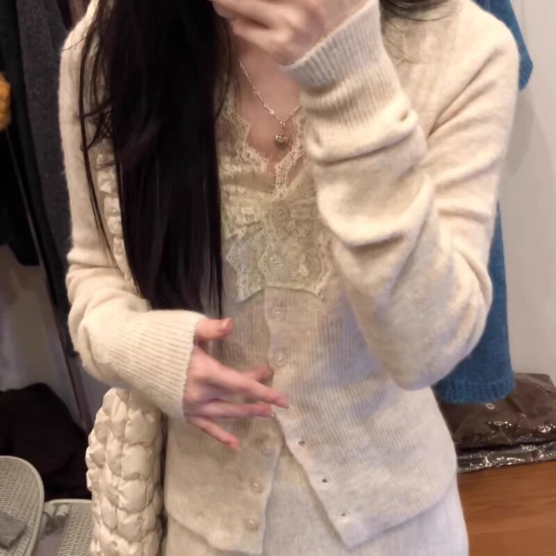蕾丝花边领针织打底衫女秋冬款洋气内搭小衫高级感针织开衫上衣女|undefined