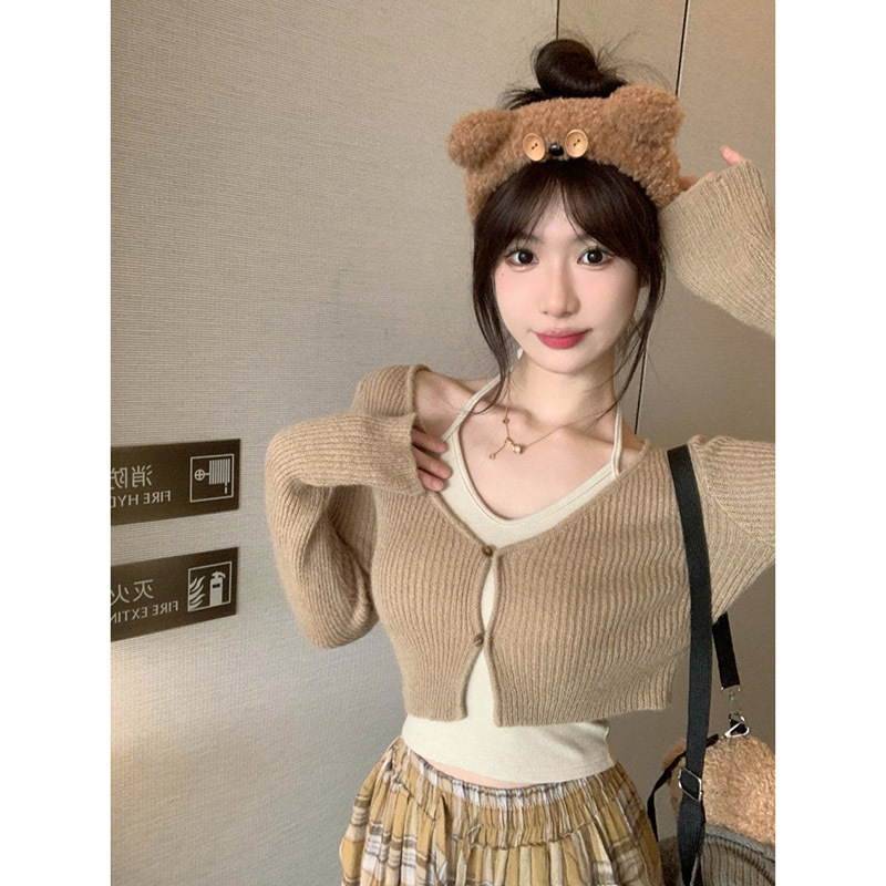 辣妹套装女挂脖吊带背心秋季卡其色长袖针织衫短款外套时尚两件套|undefined