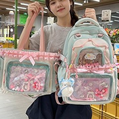 日系ins新款高颜值清新甜美透明吧唧痛包初高中生轻便春游双肩包