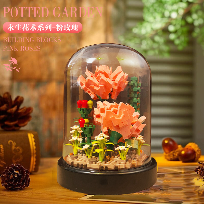 宇投永生积木花束玫瑰花朵手工玩具植物盆栽摆件送女孩感|undefined