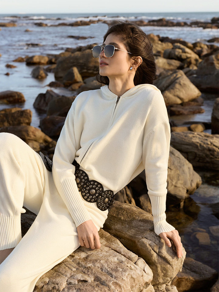 Bộ áo cardigan dệt kim có mũ khóa kéo dáng rộng kèm quần ống ôm cotton — Màu cà phê, Màu trắng, Màu xanh dương, Xanh lá cây chi tiết 38