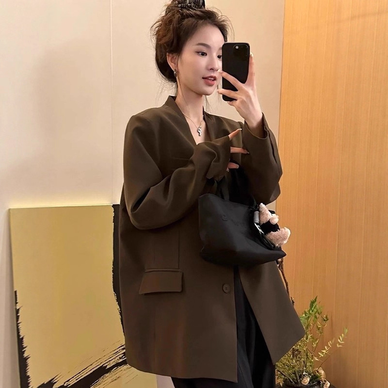 Korean Style Normcore Style High-End V Neck Design Suit for Women 2025 Autum New Versatile Casual Loose Jacket