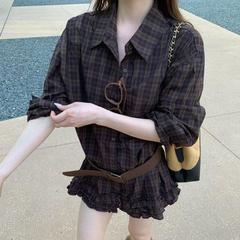 2025设计感撞色格子气  质边长袖衬衫女装配腰带秋季收腰显瘦上衣