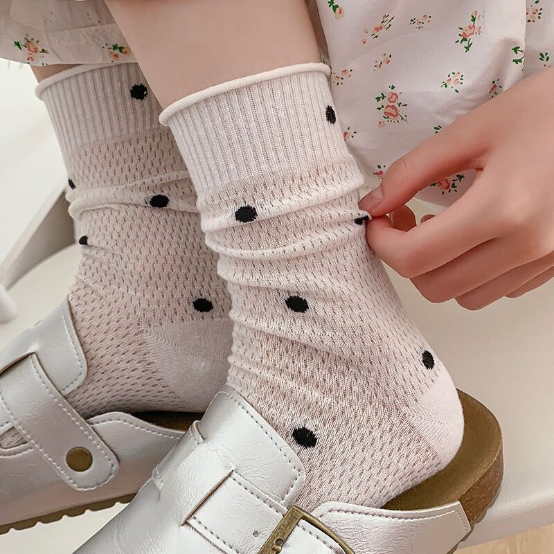 Gray Polka Dot Socks for Women, Mid-Calf Socks, Summer Thin Mesh Breathable Ballet Style Summer Rolled-Edge Slouch Socks