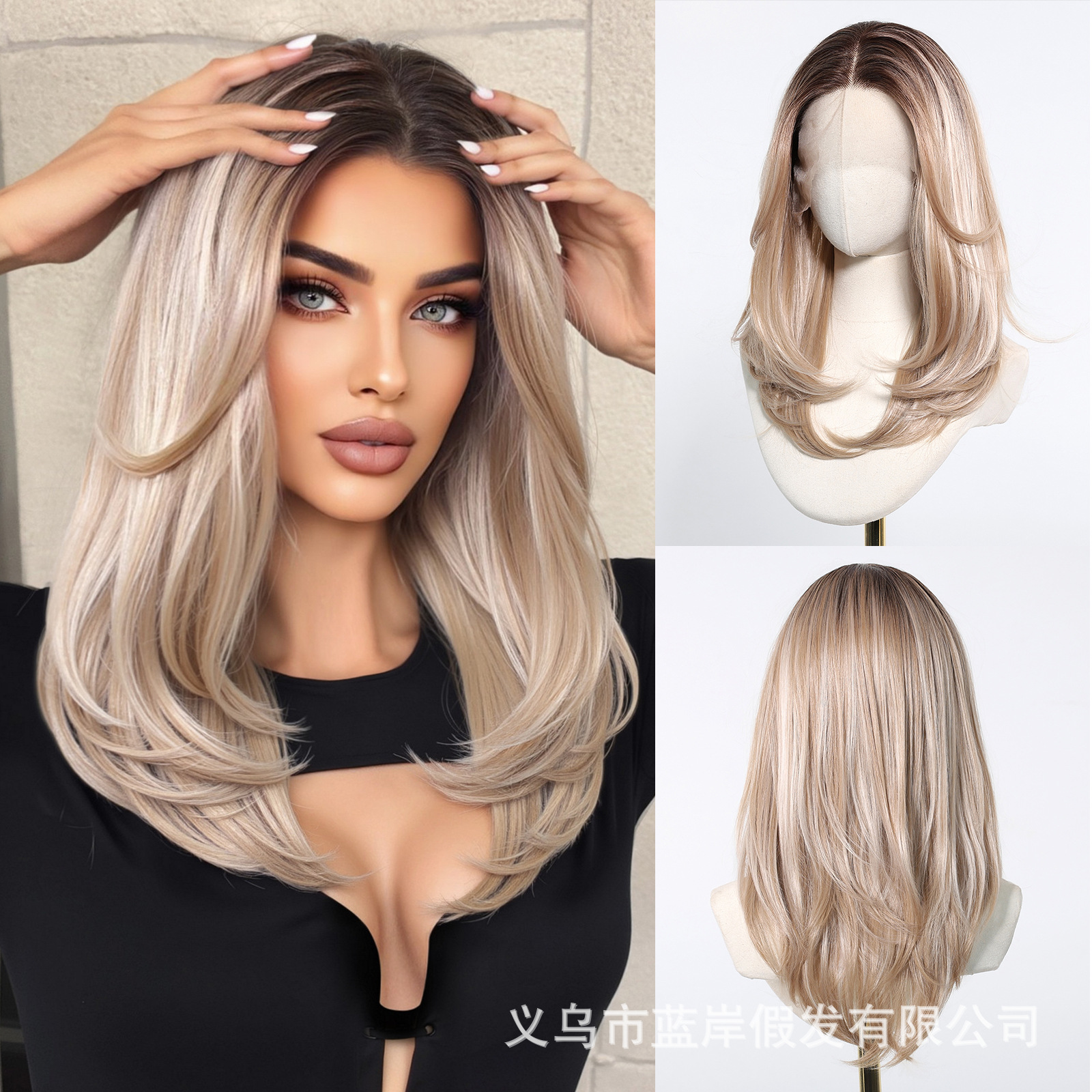 Nueva peluca de encaje de área grande para mujer 13*6 flequillo largo de ocho caracteres marrón oscuro rizo de cola de cabello conjunto completo stock de fábrica