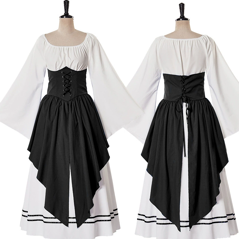 Европейское и американское средневековое ретро-контрастное сшивание с летающими рукавами шнуровки, талия, большая юбка, платье эпохи Возрождения Женское