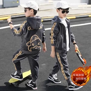 Мужская и детская одежда из золотистого бархата, осенне-зимний костюм, теплый детский утепленный свитер на флисовой подкладке в западном стиле, модная одежда из двух предметов в Корейском стиле