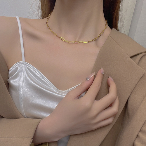 Gold fine chain choker, minimalist cool chain stacking short titanium steel necklace, unique design sense, versatile