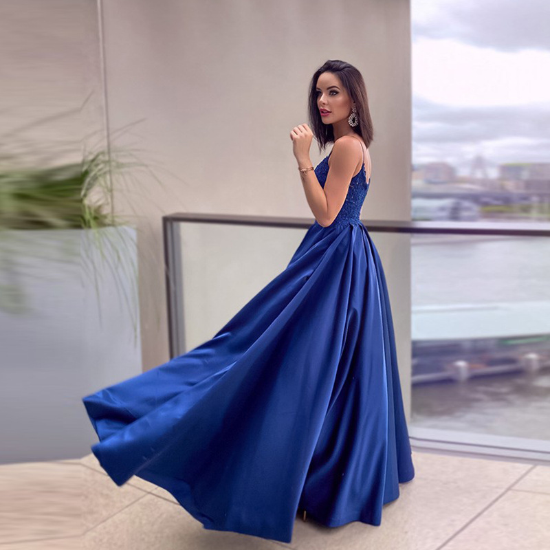Comercio exterior europeo y americano Amazon AliExpress deseo nueva correa de encaje vestido de noche con cuello en V Vestido largo de satén