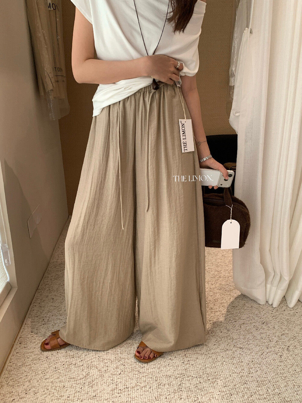 Quần culottes ống rộng cạp chun rút dây chất liệu linen mùa hè — Vàng nhạt, màu đen, trắng ngà, màu hồng chi tiết 16