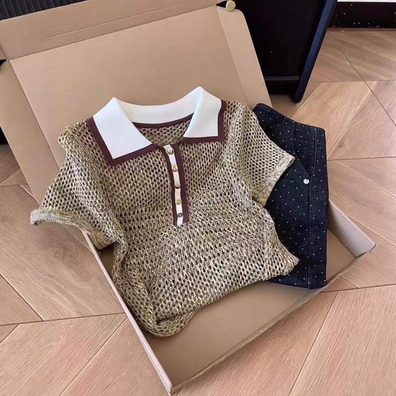 Vintage Style Retro Color-Block Polo Collar Short Sleeve Knit Top for Women, Summer Thin Slim Fit Hollow Out Top
