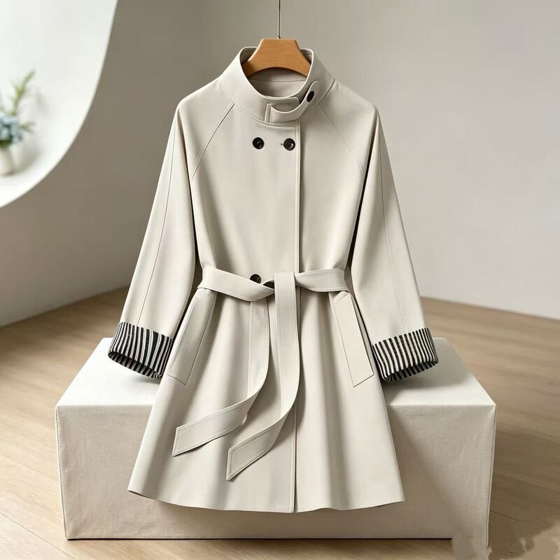 British-style khaki stand-collar waist-cinching trench coat for women, new spring and autumn model, mid-length, suitable for petite figures, elegant and sophisticated for commuting