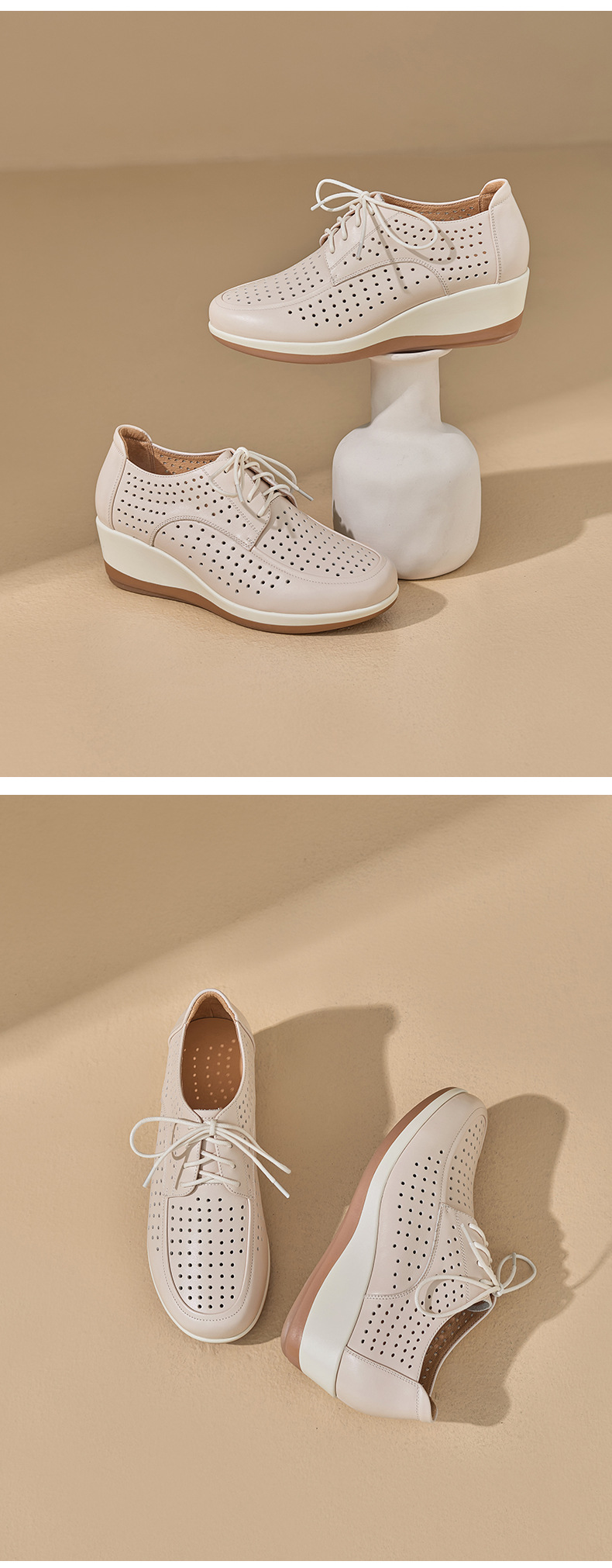 Giày da bò đục lỗ nữ đế xuồng platform gót 5 cm — màu trắng ngà chi tiết 11