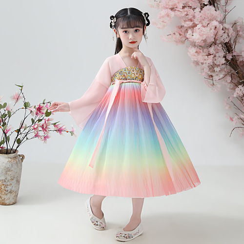 Children raibow clored Hanfu children girl ancient girls kimono dresses hanfu Fairy dresses children Tang Dynasty