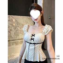 小香风蝴蝶结波点短袖t恤女夏季纯欲一字肩无袖抹胸上衣吊带背心