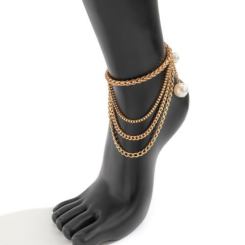 Sweet and Cool Punk Metal Fringe Chain Ankle Chain for Women, European and American Cross-border Accessory Beach Fake Pearl Pendant Shoe Accessory