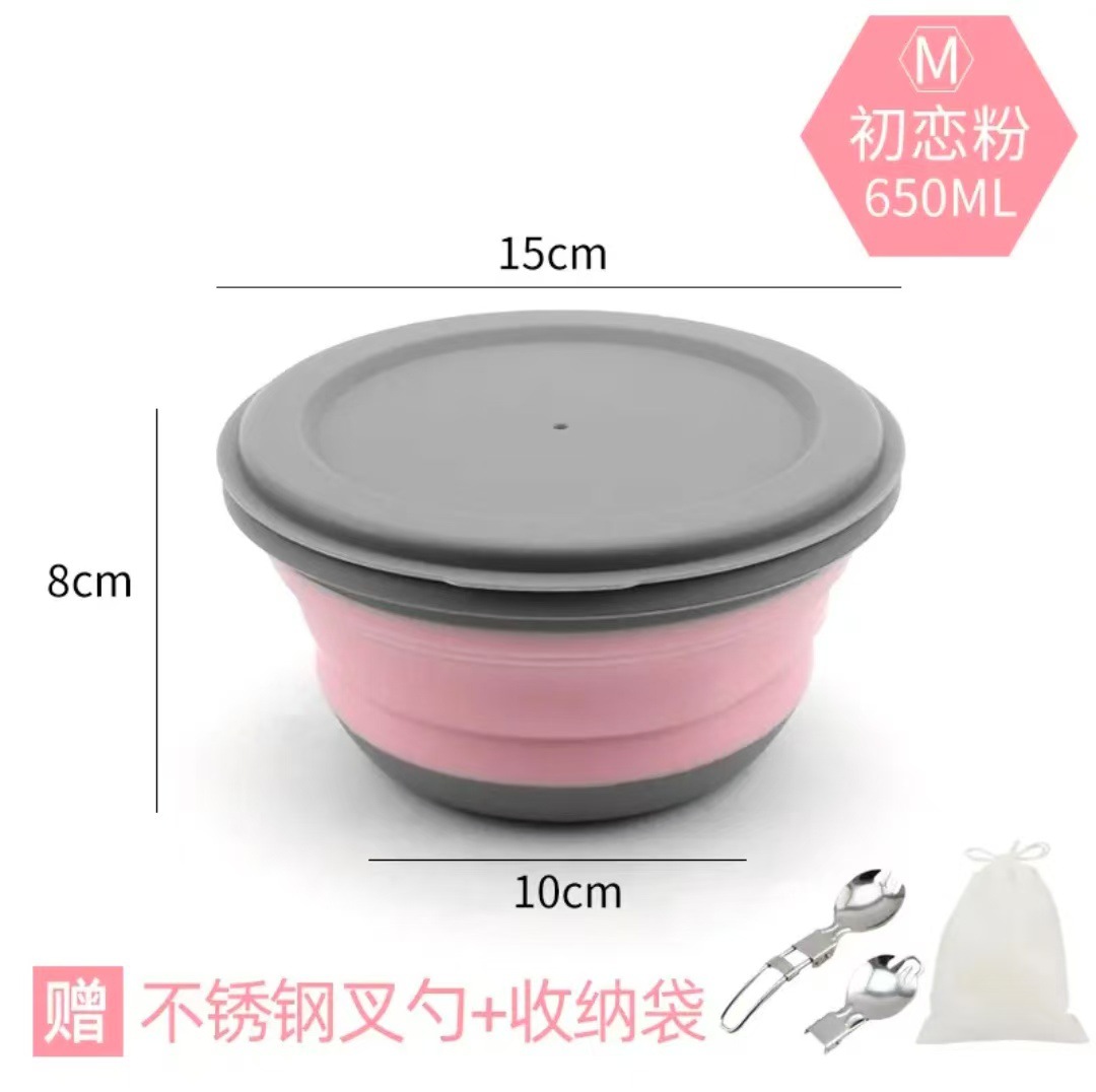 Bol mediano rosa + tenedor de acero inoxidable + bolsa de almacenamiento