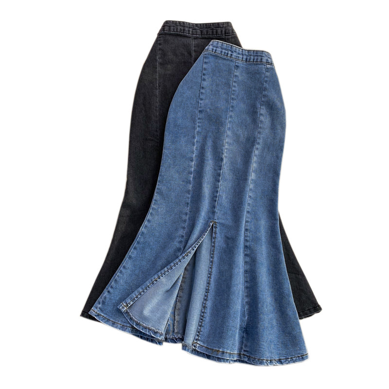 Long elastic summer fitted denim skirt