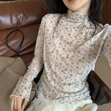 ins风博主推荐25秋季韩系碎花针织衫 网纱洋气高领长袖打底衫上衣
