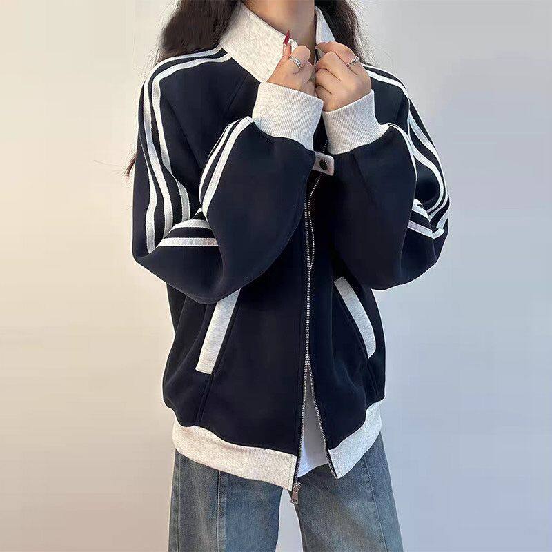 Áo khoác hoodie nữ dáng rộng phong cách bóng chày tay dài phối màu, dài áo 50–65 cm — Màu xanh tím than, Trắng hoa xám