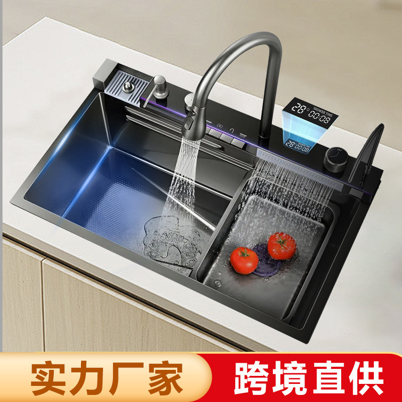 Lavabo de acero inoxidable, fregadero de cascada de lluvia de ballena, fregadero de cocina, fregadero de pantalla digital multifunción de un solo tanque grande de acero inoxidable