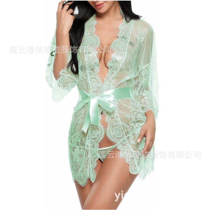 2023 European and American sexy women's sexy temptation lace kimono robe babydoll underwear mesh pajamas S-5XL