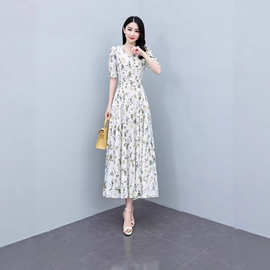 印花连衣裙女夏长款2026夏季新款气质大码胖mm收腰显瘦过膝长裙子