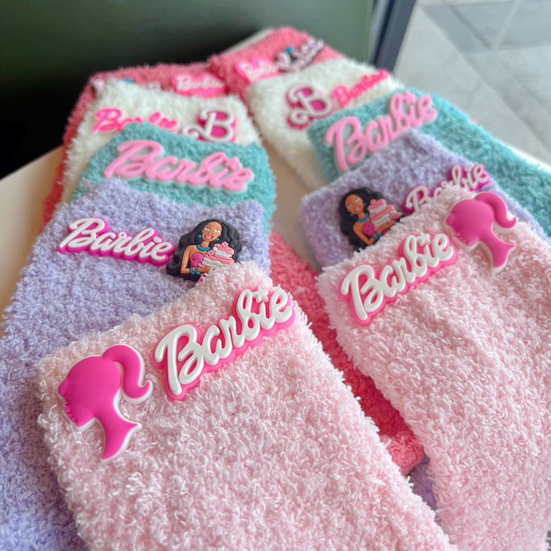 Korean Pink Girl Plush Stockings Cute Barbie Style Furry Socks Home Floor Sleeping Socks
