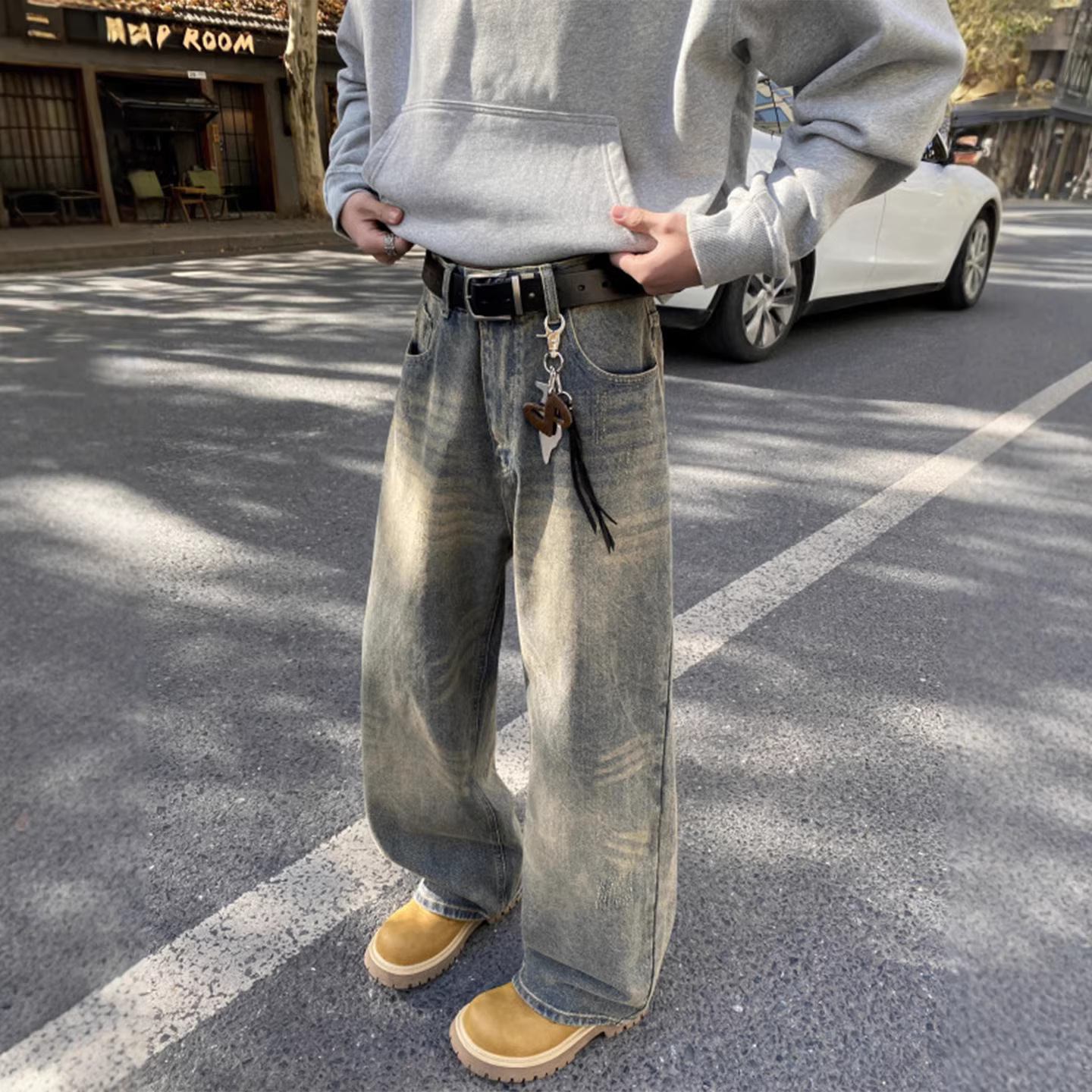 Men's Retro Distressed Cement Yellow Wide Leg Jeans High Waisted Loose Fit Slimming Straight Leg Jeans New Style Machine Washable_mkmklike.com