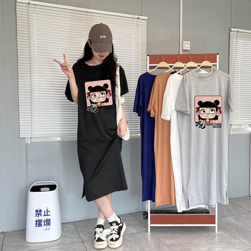Korean Style Casual Simple Trendy Summer New Short-Sleeved Dress for Women, Loose Casual Style, Slimming Long Dress for Pregnant Women
