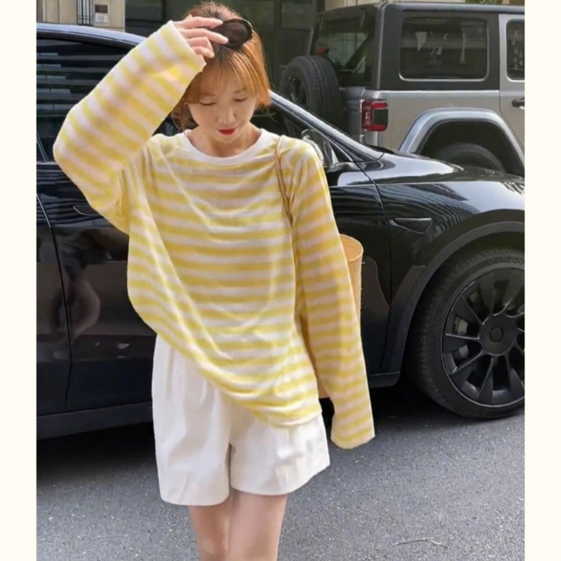 Long-Sleeved T-Shirt Women's Thin Sun Protection Blouse Summer 2025 New Korean Style Loose Elegant Petite Stripesd Top