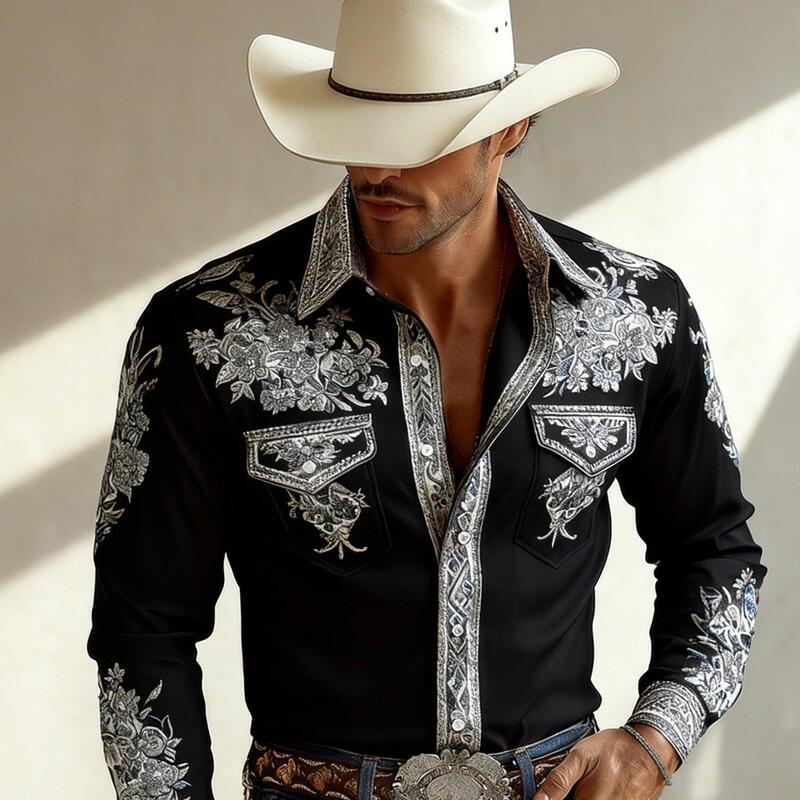Amazon Western Cowboy Style Black and White Floral Full Embroidery Collared Long Sleeve Men's Slim Fit Western Shirt In Stock