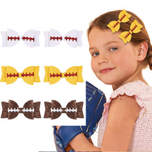 热销欧美运动会主题发夹亚马逊橄榄球发饰儿童罗纹织带蝴蝶结边夹