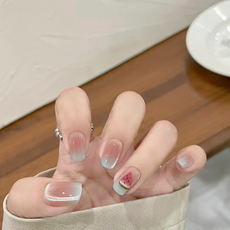Summer Crushed Ice Atmosphere Manicure, Cool Watermelon Whitening Cat Eye Manicure, Finished Handmade Wearable Manicure