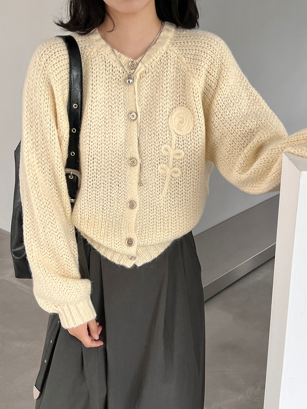 江左 韩系小众设计感刺绣针织开衫女新款宽松显瘦百搭毛衣 U1277|undefined