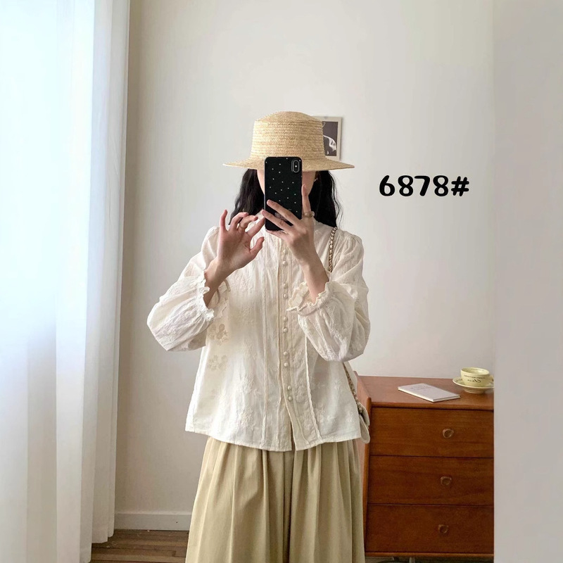 琪镌绘制秋季韩版圆领刺绣单排扣宽松女长袖衬衫甜美显瘦上衣6878|undefined