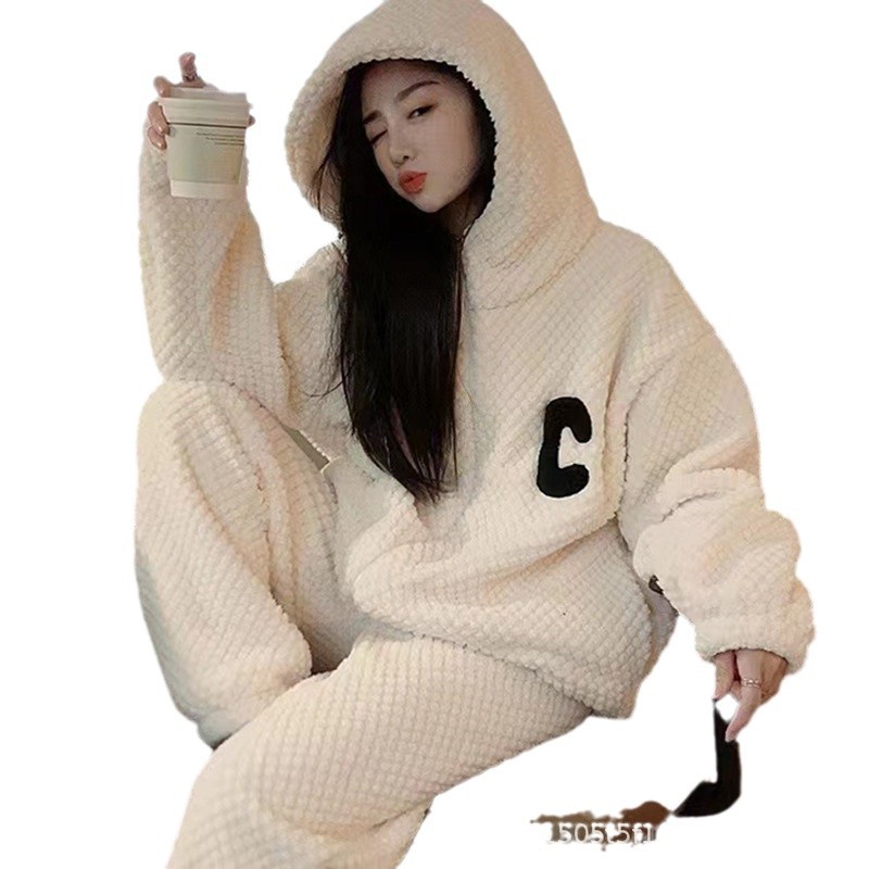 가을 겨울 커플 산호 벨벳 두꺼운 잠옷 인터넷 연예인 인기 빅 C 후드 지퍼 가디건 따뜻한 홈웨어 세트