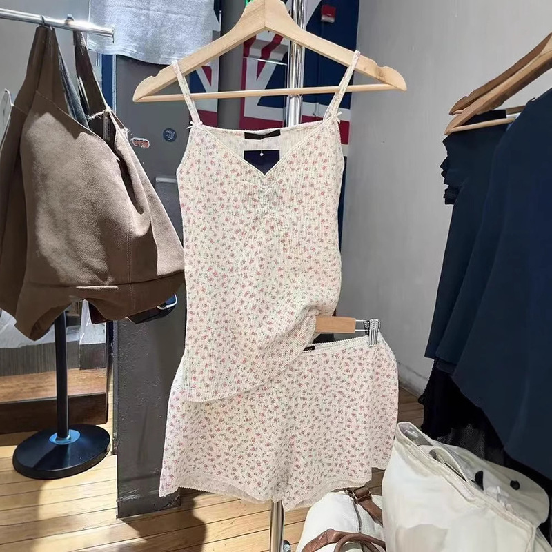 BM Style New V-neck Pleated Bow Floral Camisole Women's Sweet Waffle Shorts suit Bm