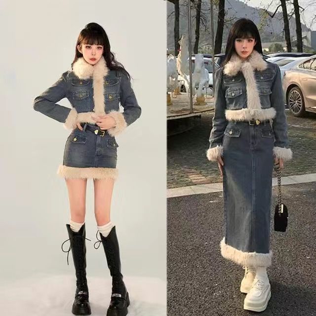 小香风牛仔套装秋冬美拉德复古显瘦收腰短外套辣妹半身长裙两件套|undefined